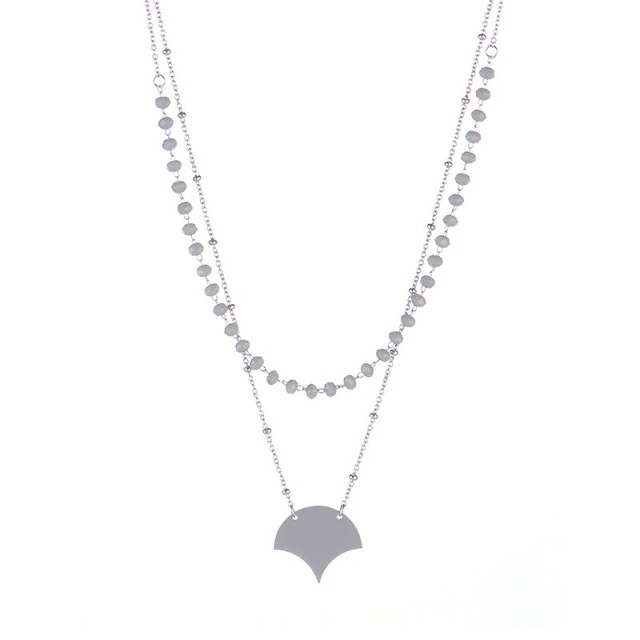 Art deco style fan shape pendant with grey beads chain layer necklace