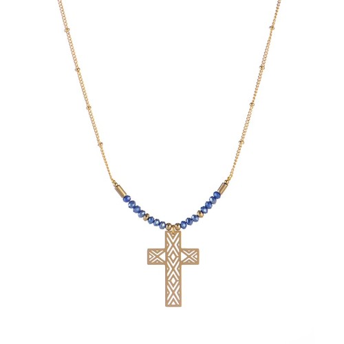 Geometric openwork cross pendant with blue beaded bar necklace