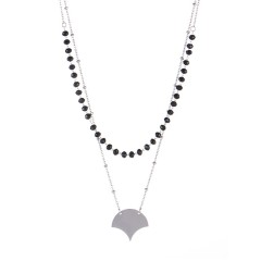 Art deco style ginkgo ornament necklace with black beaded chain