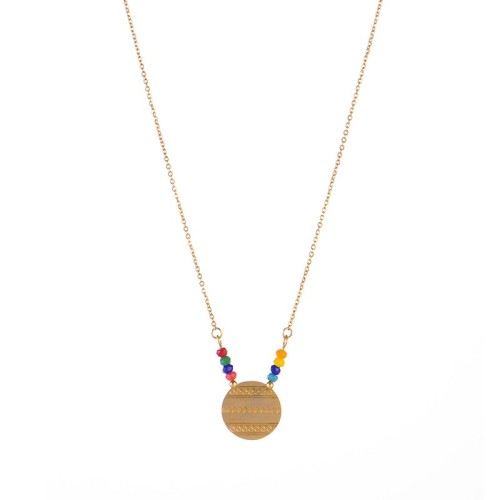 Aztec pattern medallion necklace with colorful bead bar