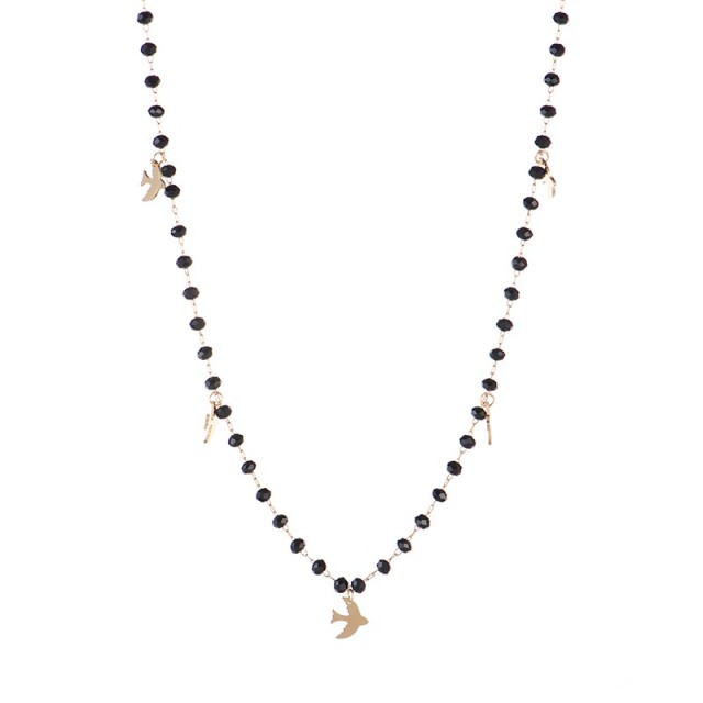 Black glass beaded chain with multi bird charm necklace
