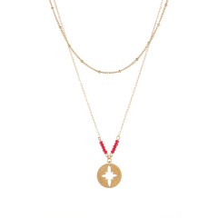 Gold plated compass medallion necklace with red bead bar each side