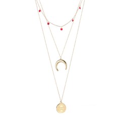 Red CZ crescent moon penny coin triple layered necklace