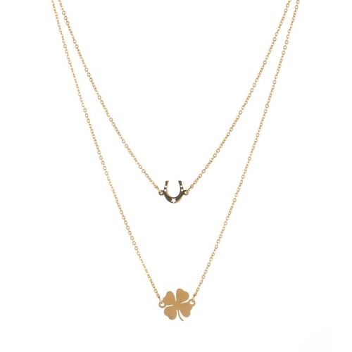 Horse shoe and clover lucky symbol double strands necklace
