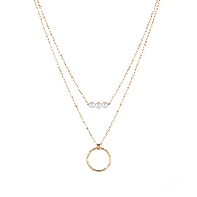 Triple pearl bead and circle drop layered necklace