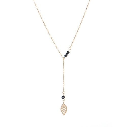 Openwork leaf with black glass bead bar lariat necklace