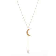 Stainless steel crescent moon charm with pearl drop necklace