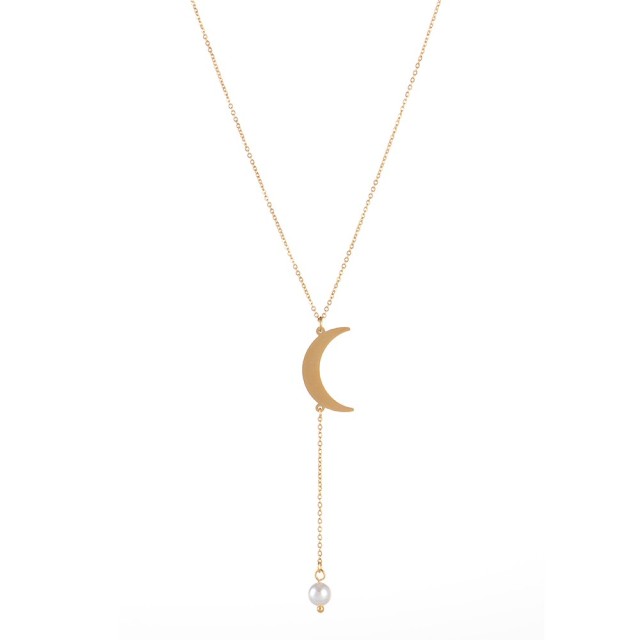 Stainless steel crescent moon charm with pearl drop necklace
