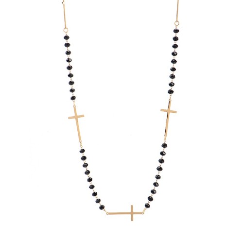 Black glass beads chain with tri cross celebrity necklace