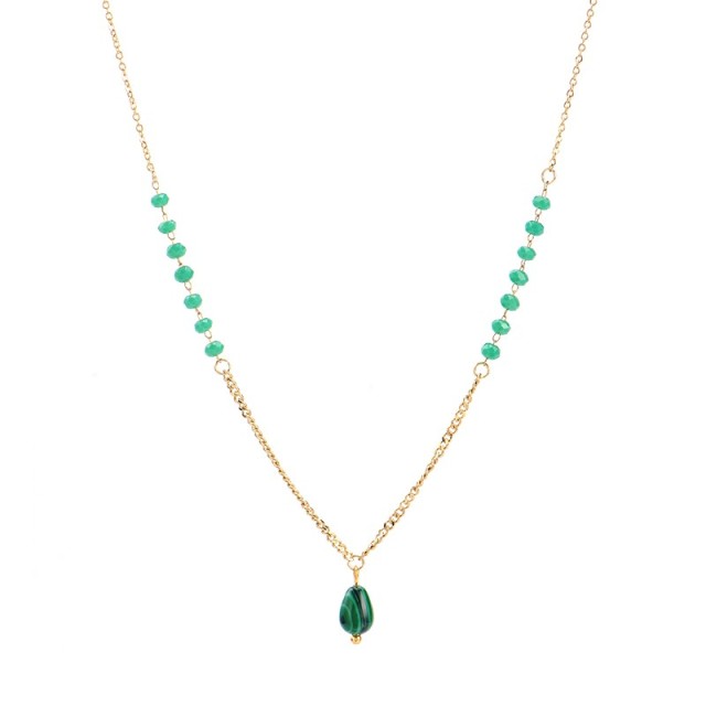 Malachite pendant necklace with green glass beaded chain