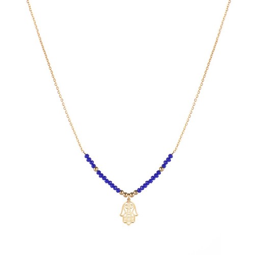 Blue bead bar necklace with hamsa charm in gola plating stainless steel