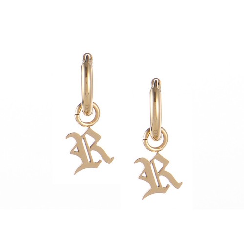 Gold plated gothic initial R huggie earrings in stainless steel