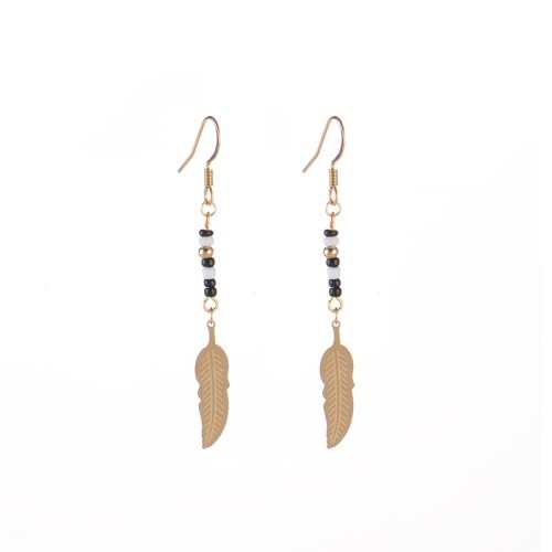 Black white and gold bead bar with feather drop earrings