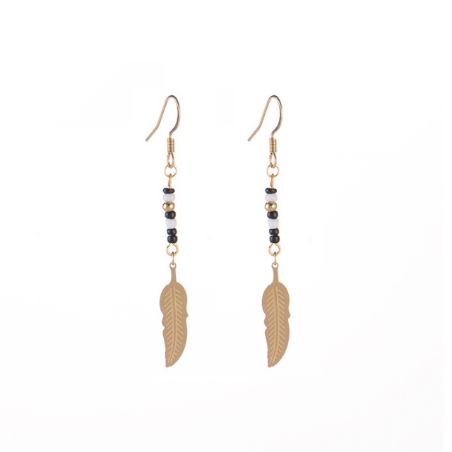 Black white and gold bead bar with feather drop earrings