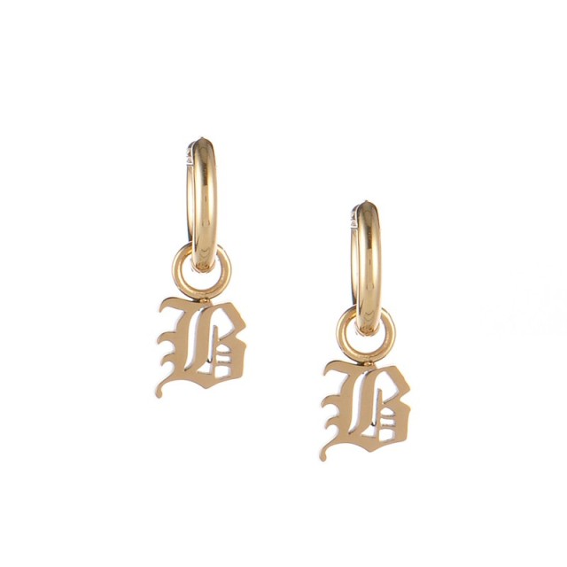 Gold plated gothic initial B huggie earrings in stainless steel