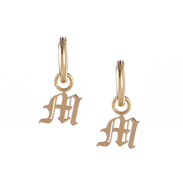 Gold plated gothic initial M huggie earrings in stainless steel
