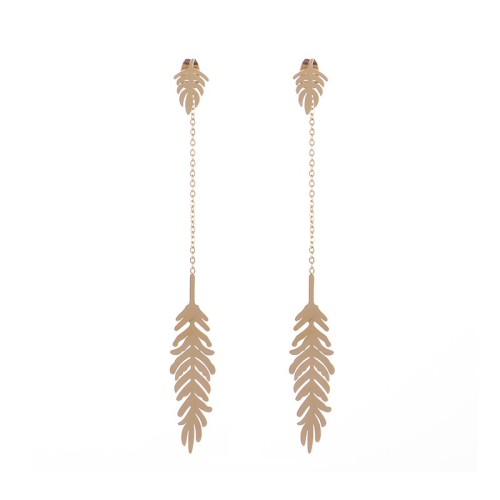 Tropical leaf drop front back chain earrings in stainless steel