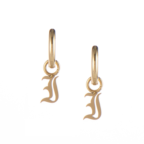Gold plated stainless steel gothic initial "I" huggie earrings