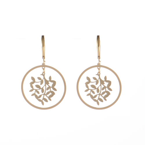 Stainless steel drop of leaf branch and circle earrings