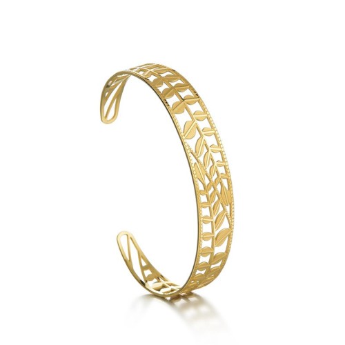 Leaf and branch cuff bracelet in gold plated stainless steel