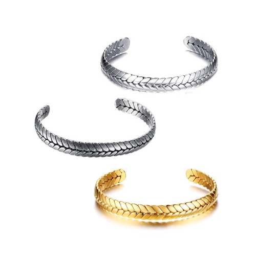 Double squashed rope cuff bracelet in stainless steel B-124