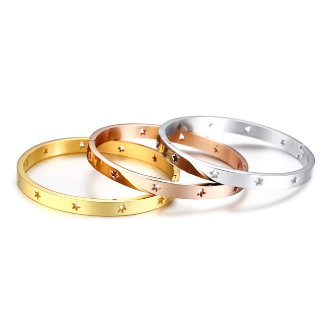 Minimalist hollow star openable bangle bracelet in gold plating stainless steel  B-335
