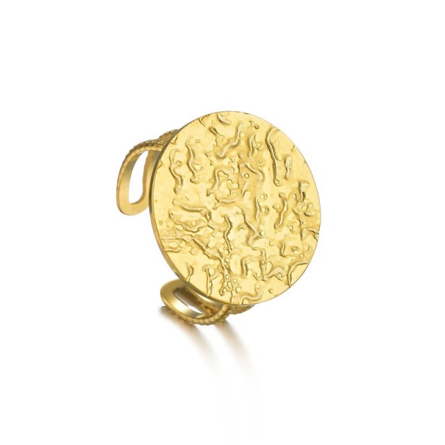 Hammered disc stainless steel adjustable ring in 14k gold plating