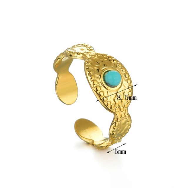 Oval Hammered Gold Plating Stainless Steel Ring with Turquoise