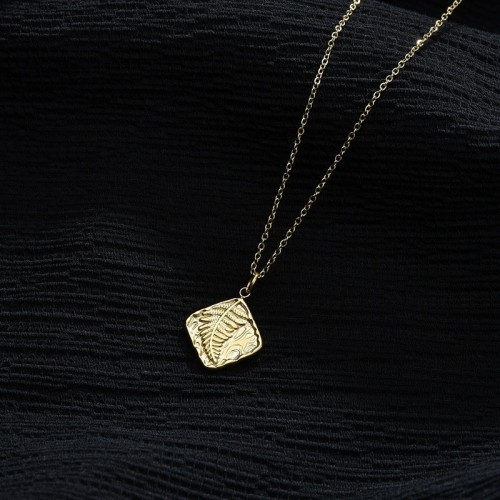 Tropical palm leaf square pendant necklace in stainless steel