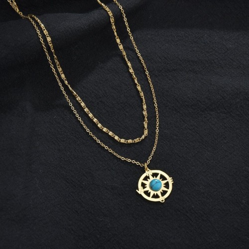 Compass with turquoise double rang layered necklace