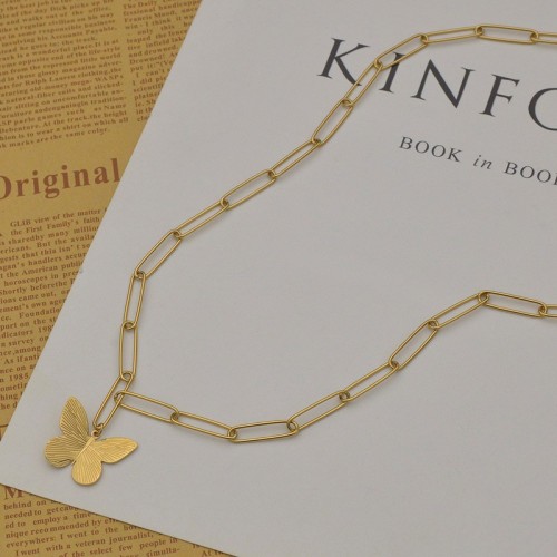 Chunky clip chain with butterfly necklace in gold plating stainless steel, Long-lasting