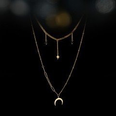 Crescent moon and star black bead layered necklace in stainless steel, Long-lasting