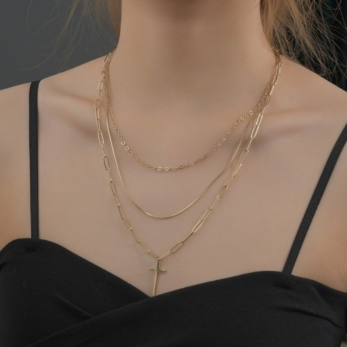 Cross with clip chain triple layered necklace in gold plating stainless steel, Long-lasting