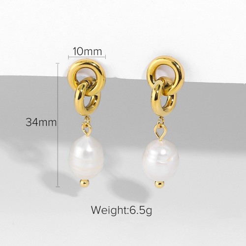 Round link with oval pearl drop minimalist earrings