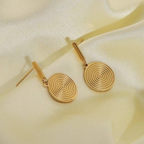 Gold plating swirl disc with bar earrings in stainless steel