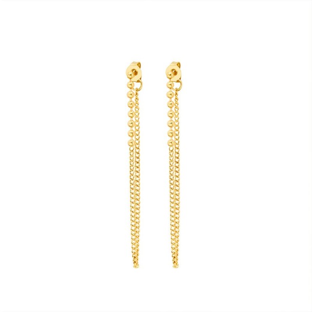 Gold plated ball chain mixed curb chain front to back earrings