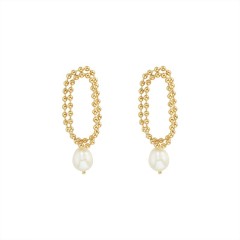 Double layered ball chain earrings with pearl in stainless steel