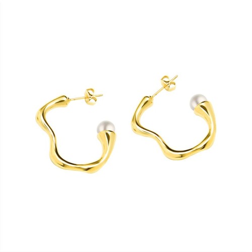 Asymmetrical smooth curves earrings features a flow design with pearl