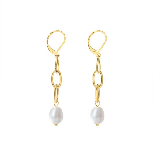 Gold plating clip chain with pearl drop earrings in stainless steel