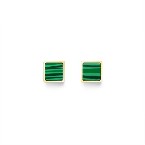 Malachite inlayed square stud earrings in gold plated stainless steel