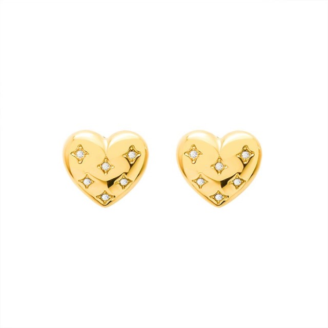 Diamont inlayed heart stud earrings in gold plated stainless steel