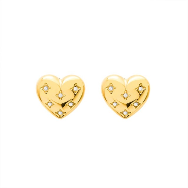 Diamont inlayed heart stud earrings in gold plated stainless steel