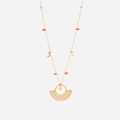Ethnic motify pendant and moon and sun charm necklace with red beads