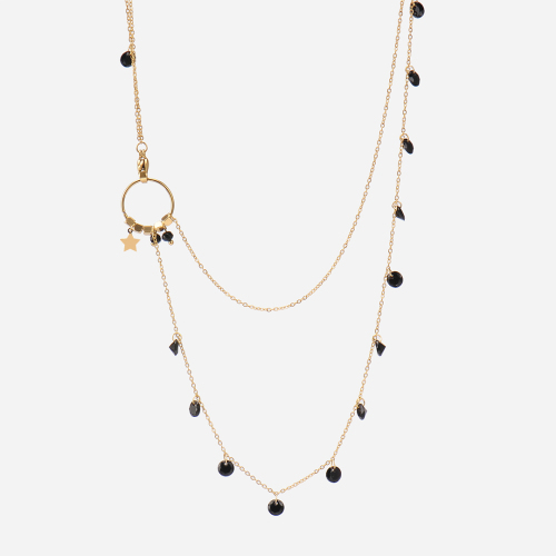 Black glass crystal layered necklace with star charm Naszyjnik ze stali chirurgicznej