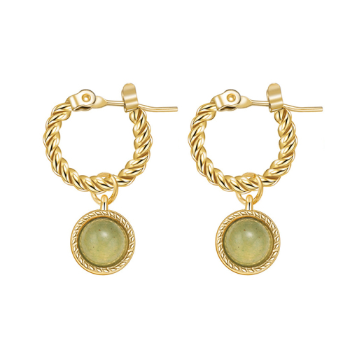 Vintage twist ear hoops Round Pendant Earrings with natural stone / Boucle d'oreilles en acier inoxydable