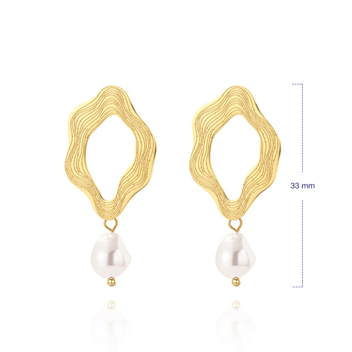 Wave-shaped hollow stainless steel earrings with pearl / Boucle d'oreilles en acier inoxydable
