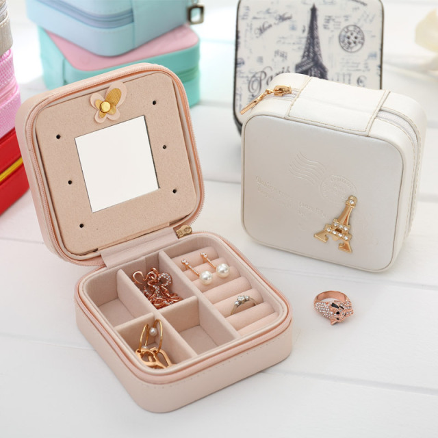 New Luxury Arrival Mini PU Leather Small Travel Jewelry Box with Mirror / Boîte de stockage de bijoux