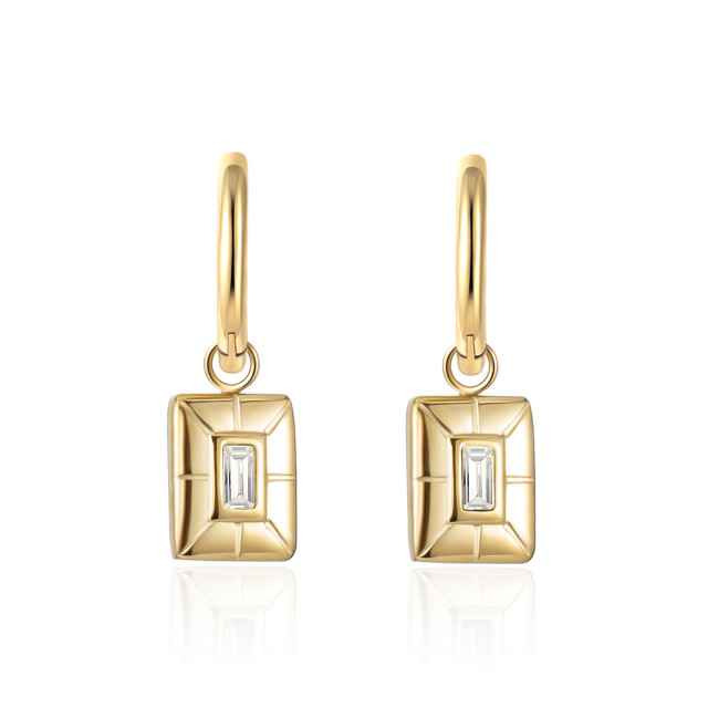 Square Pendant STAINLESS STEEL EARRINGS inlayed with Zircon / Boucle d'oreilles en acier inoxydable