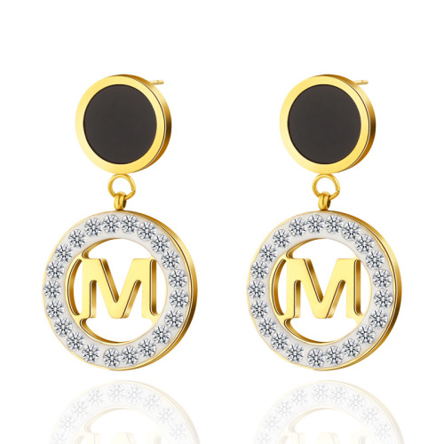 M letter Circle Mother of pearl STAINLESS STEEL EARRINGS inlayed with Rhinestone / Boucle d'oreilles en acier inoxydable