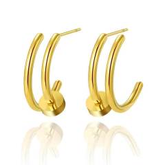 Double-Deck C-shaped STAINLESS STEEL STUD EARRINGS inlayed with Rhinestone / Boucle d'oreilles en acier inoxydable
